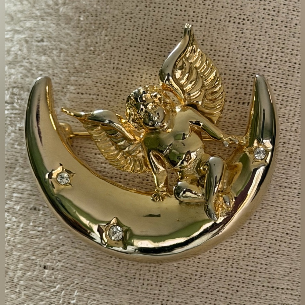 Givenchy Vintage Crescent Moon And Cherub Gold Plated Angel Brooch